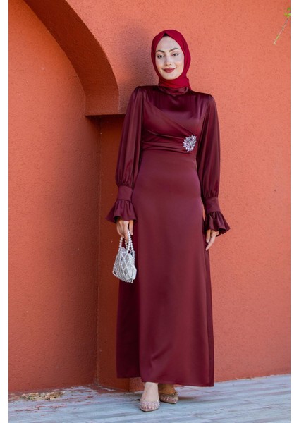 Simly Taş Işlemeli Saten Abiye-Bordo