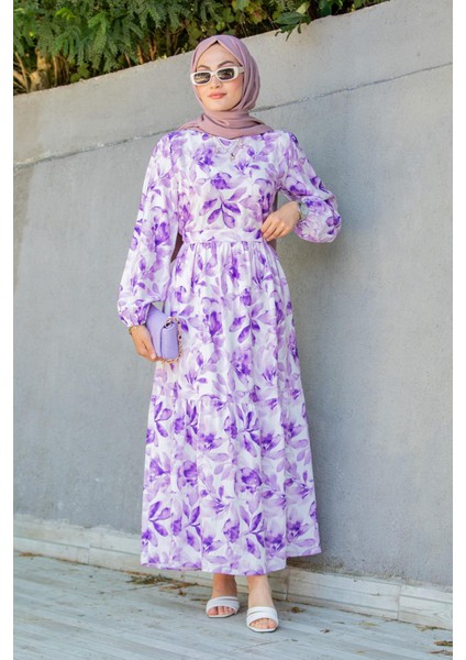 Keny Lotus Çiçekli Yazlık Elbise-Mor