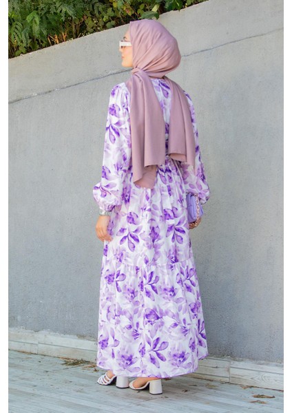 Keny Lotus Çiçekli Yazlık Elbise-Mor modelleri
