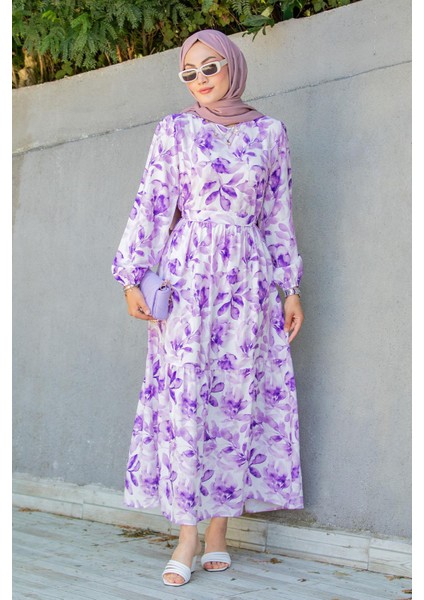 Keny Lotus Çiçekli Yazlık Elbise-Mor fırsatları