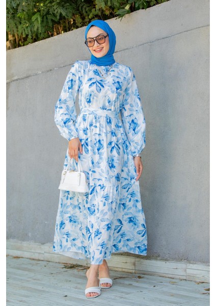 Keny Lotus Çiçekli Yazlık Elbise-Mavi
