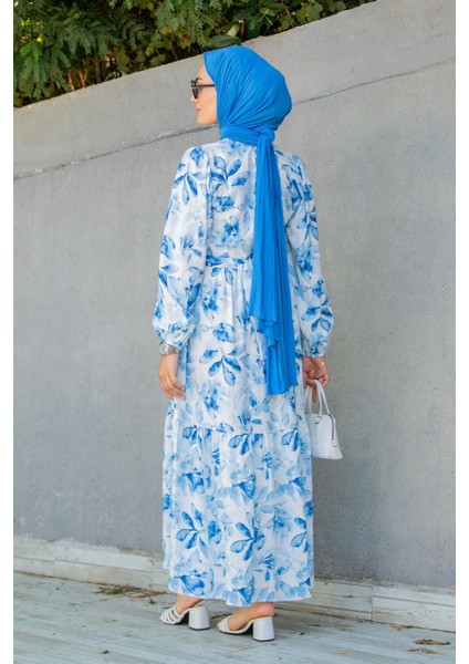 Keny Lotus Çiçekli Yazlık Elbise-Mavi modelleri