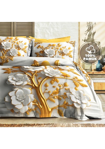 %100 Pamuk Ranforce Çeyizlik Luxury 5d Dijital Çift Kişilik Nevresim Takımı Dore