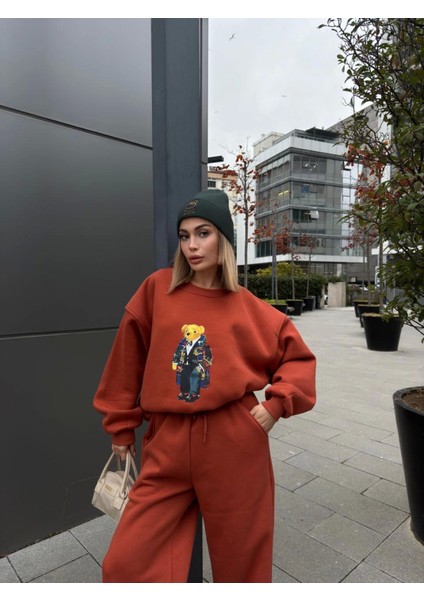 Ipeksi Bisiklet Yaka Üç Iplik Sweat Takım - Kiremit