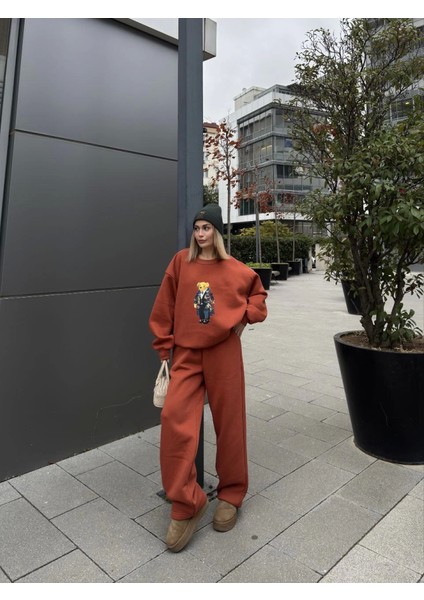 Ipeksi Bisiklet Yaka Üç Iplik Sweat Takım - Kiremit modelleri