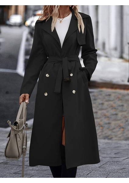 Ipeksi Kadın Uzun Kollu Yakalı Önden Düğmeli Beli Kuşaklı Midi Gabardin Trençkot