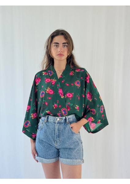 Tasarım Şifon Mini Kimono Kadın Koyu Yeşil modelleri