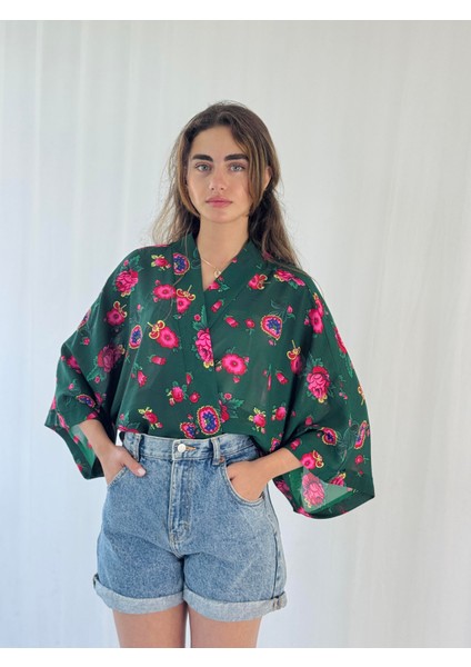 Tasarım Şifon Mini Kimono Kadın Koyu Yeşil fırsatları