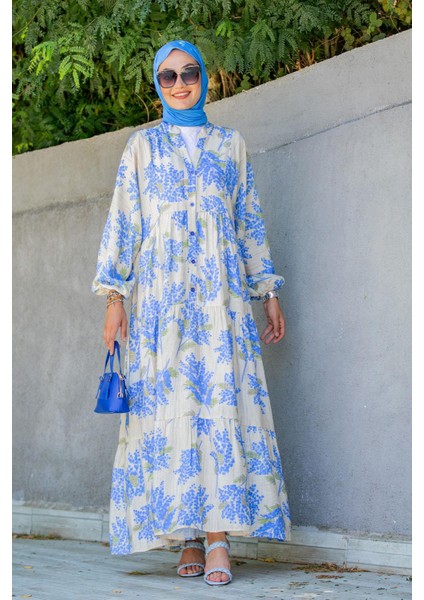 Salkım Desen Modal Krep Elbise-Mavi