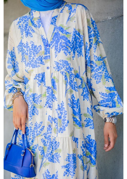 Salkım Desen Modal Krep Elbise-Mavi fiyatları