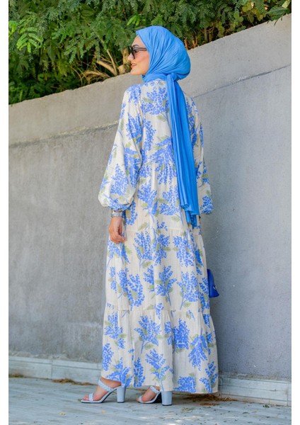 Salkım Desen Modal Krep Elbise-Mavi modelleri