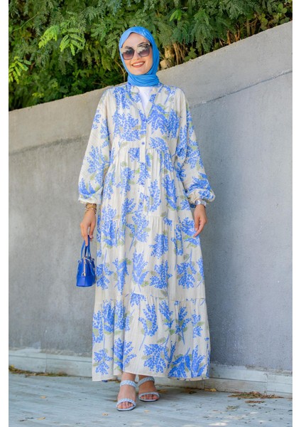 Salkım Desen Modal Krep Elbise-Mavi fırsatları