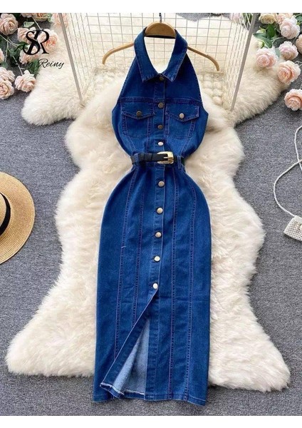 Kadın Düğme Detaylı Belden Kemerli Sırt Dekolte Kot Elbise S-Kot Mavi fiyatları