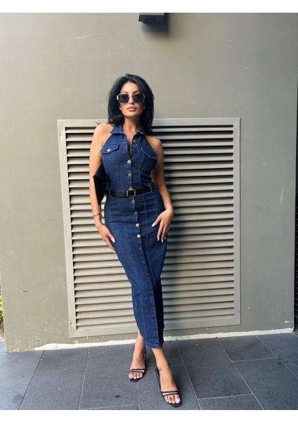 Kadın Düğme Detaylı Belden Kemerli Sırt Dekolte Kot Elbise M-Kot Mavi