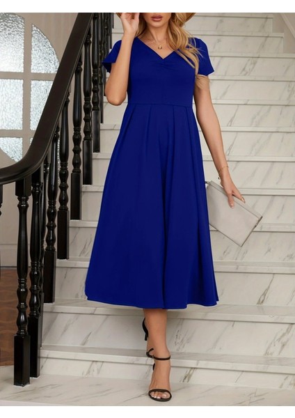 Kadın Kısa Kollu V Yakalı Önden Pileli Midi Janjan Krep Elbise Mavi-S-M modelleri