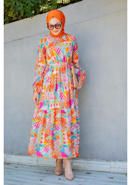 Mihre Etnik Desen Modal Krep Elbise-Turuncu