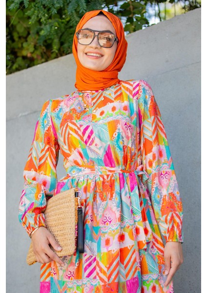 Mihre Etnik Desen Modal Krep Elbise-Turuncu fiyatları