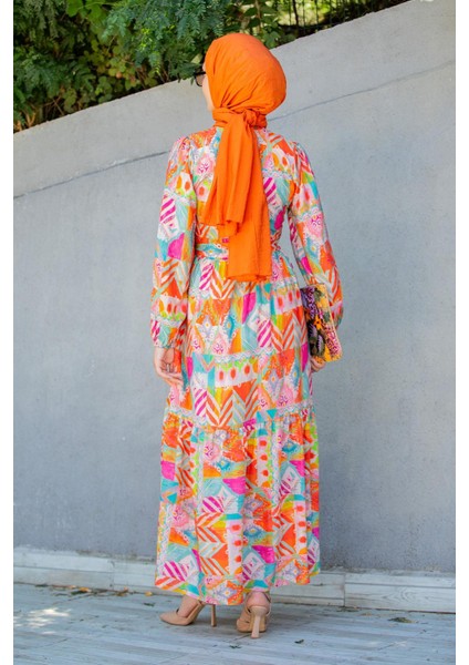 Mihre Etnik Desen Modal Krep Elbise-Turuncu modelleri