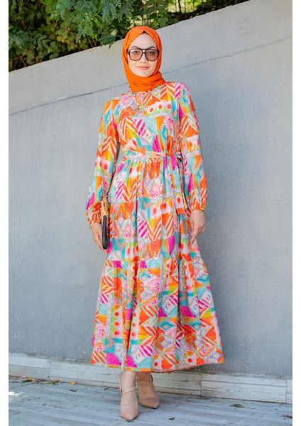 Mihre Etnik Desen Modal Krep Elbise-Turuncu fırsatları