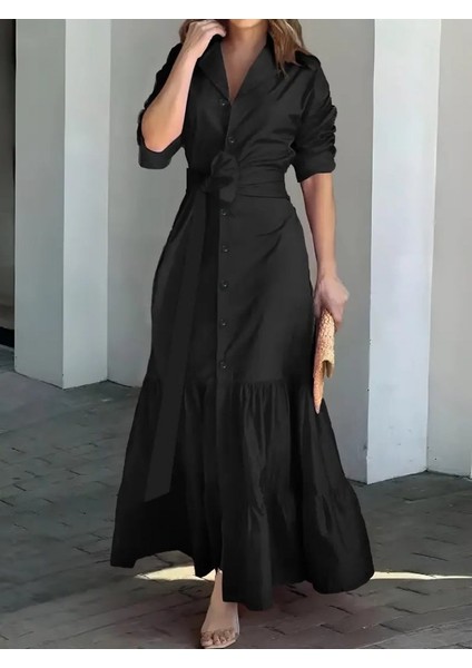 Kadın Uzun Kollu Eteği Fırfırlı Beli Kuşaklı Trikoton Tam Boy Gömlek Elbise 2xl-3xl-Siyah