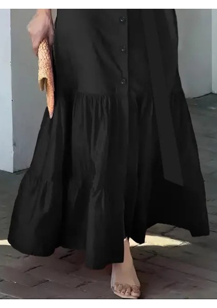Kadın Uzun Kollu Eteği Fırfırlı Beli Kuşaklı Trikoton Tam Boy Gömlek Elbise 2xl-3xl-Siyah fiyatları