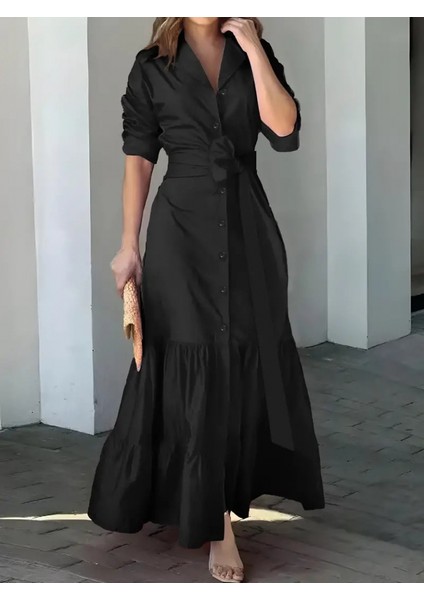 Kadın Uzun Kollu Eteği Fırfırlı Beli Kuşaklı Trikoton Tam Boy Gömlek Elbise 2xl-3xl-Siyah modelleri