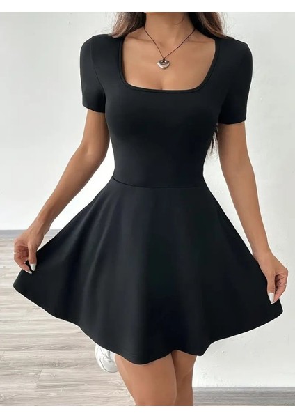 Kadın Kısa Kollu Kare Yaka Short Detaylı Cepli Dalgıç Elbise 2xl-3xl-Siyah fiyatları