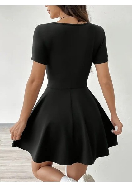 Kadın Kısa Kollu Kare Yaka Short Detaylı Cepli Dalgıç Elbise 2xl-3xl-Siyah indirimleri