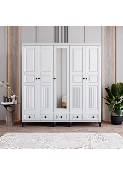 Terra 5 Kapaklı Çekmeceli Gardırop Tamamı Mdf (Beyaz)
