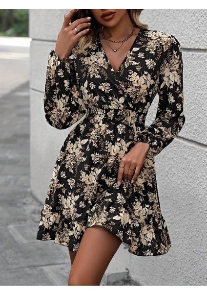 Kadın Uzun Kollu Kruvaze Yaka Beli Gipeli Çiçek Desenli Kısa Dalgıç Elbise 2xl-3xl-Siyah