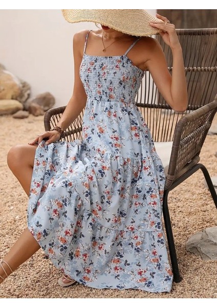 Kadın Ip Askılı Geniş V Yakalı Desenli Uzun Süprem Elbise Mavi-2xl-3xl