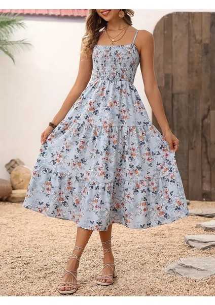 Kadın Ip Askılı Geniş V Yakalı Desenli Uzun Süprem Elbise Mavi-2xl-3xl modelleri