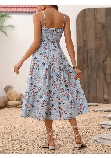 Kadın Ip Askılı Geniş V Yakalı Desenli Uzun Süprem Elbise Mavi-2xl-3xl fırsatları