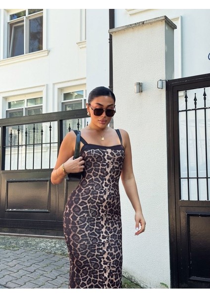 Kadın Dalgıç Kumaş Dijital Leopar Baskılı Midi Boy Elbise M-Leopar Desen