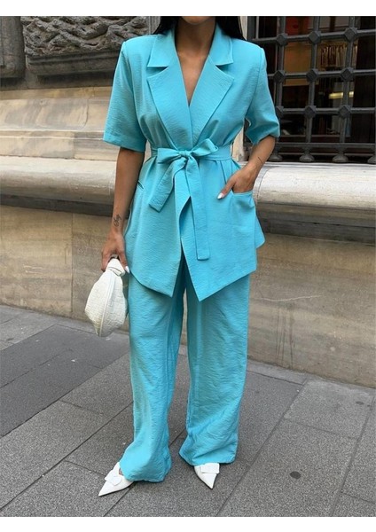 Kısa Kol Bağlama Detaylı Ceket-Pantolon Takım - Mavi fırsatları