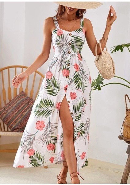 Kadın Askılı Önden Düğmeli Yaprak Desenli Uzun Süprem Elbise 2xl-3xl-Yeşil fiyatları