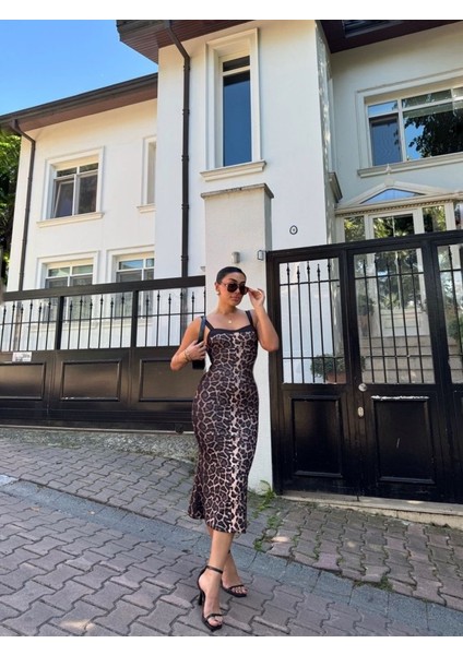 Kadın Dalgıç Kumaş Dijital Leopar Baskılı Midi Boy Elbise S-Leopar Desen indirimleri