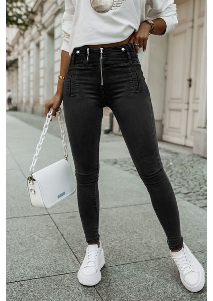 Kadın Fermuar Detay Yüksek Kemerli Kot Pantolon