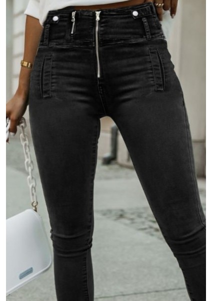 Kadın Fermuar Detay Yüksek Kemerli Kot Pantolon fiyatları