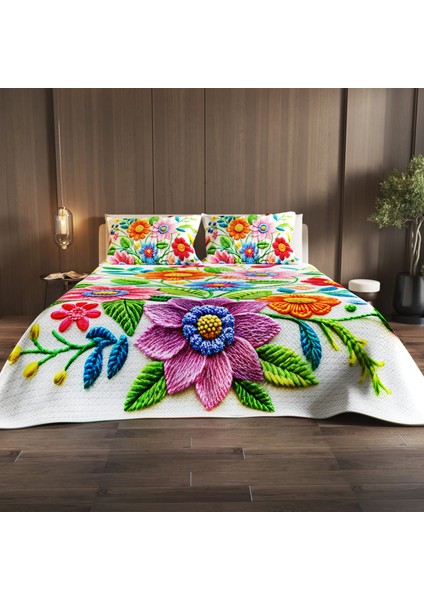 Pike Takımı Pamuklu Çift Kişilik Jakar Dokuma Yatak Örtüsü Nakkaş
