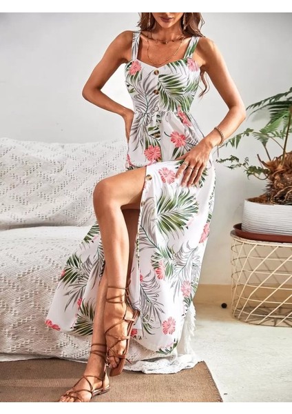 Kadın Askılı Önden Düğmeli Yaprak Desenli Uzun Süprem Elbise S-M-Yeşil fırsatları