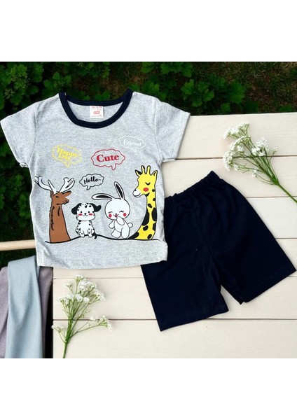Happy Day Baskılı Tshırt Şort Takım Gri