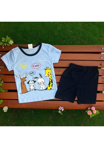 Happy Day Baskılı Tshırt Şort Takım Mavi