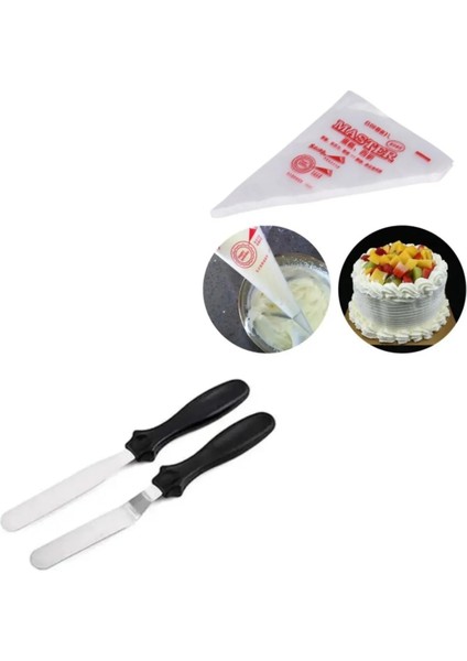 Metal Pasta Spatulası 2li ve Krema Torbası Tek Kullanımlık 50LI Pasta Tarağı Spatula Pastacılık Seti