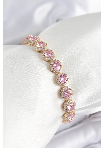 Pirinç Pembe Zirkon Taşlı Daire Baget Model Gold Renk Vıp Seri Kadın Bileklik