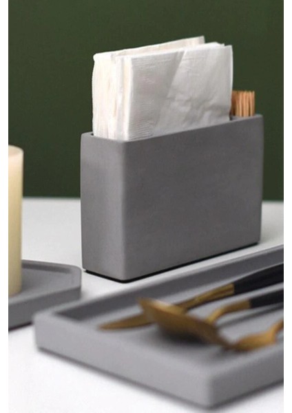 Gri Beton Dekoratif Peçetelik ve Kürdanlık Restoran Kafe Lokanta