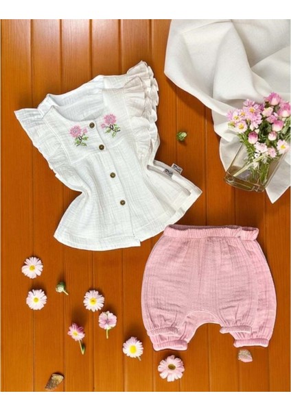 Nakışlı Müslin Gömlek Şort Takım Pudra