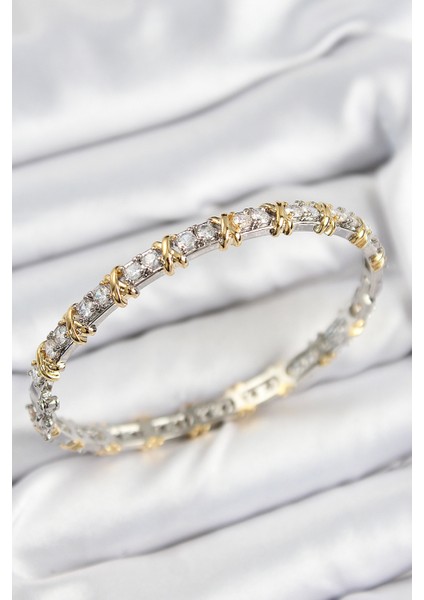 Pirinç Zirkon Taşlı Xoxo Model Gümüş ve Gold Renk Kadın Bileklik