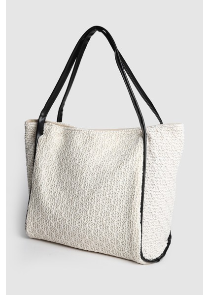 Lagraccio Paris Kadın Aceo Hasır-Örme Büyük Boy Omuz Çantası Örme Krem Siyah