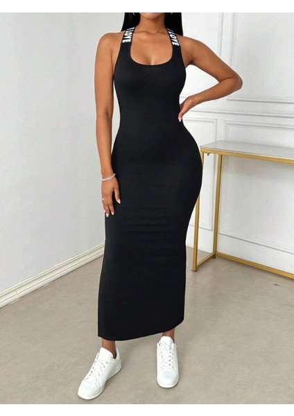 Kadın Yuvarlak Yaka Sırttan Çapraz Şerit Love Detaylı Yırtmaçlı Viskon Elbise 2xl-3xl-Siyah